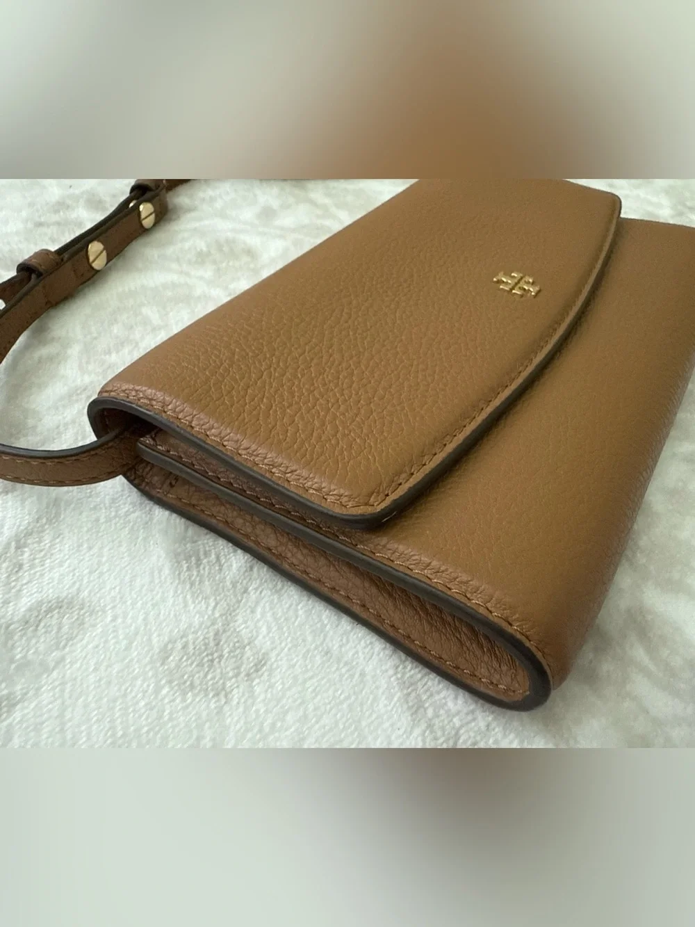 Tory Burch Tan Leather Small Crossbody Bag Wallet with Gold Logo
